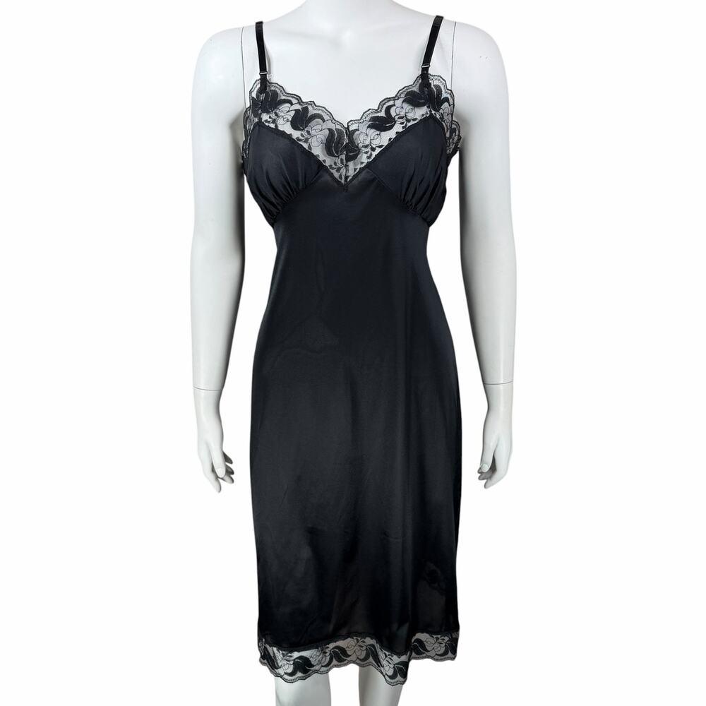 Vintage Nylon Slip Dress Size 36 Bari Black Lace Goth Grunge Sissy Whimsigoth
